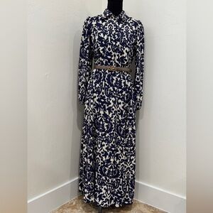 Zara Elegant Navy and Cream Patterned Dress